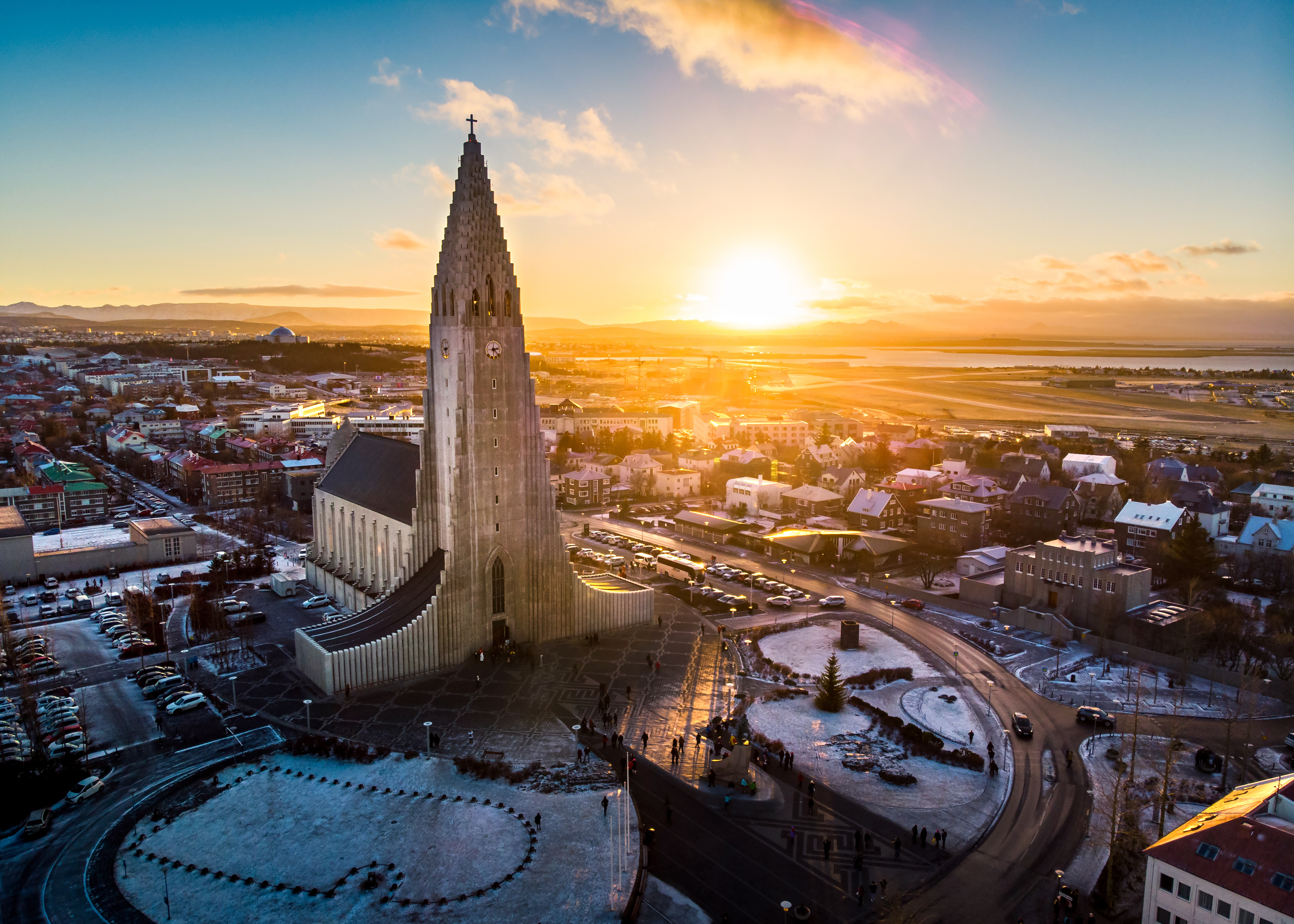 An aerial view of Hallgrímskirkja Church, Reykjavík, Iceland