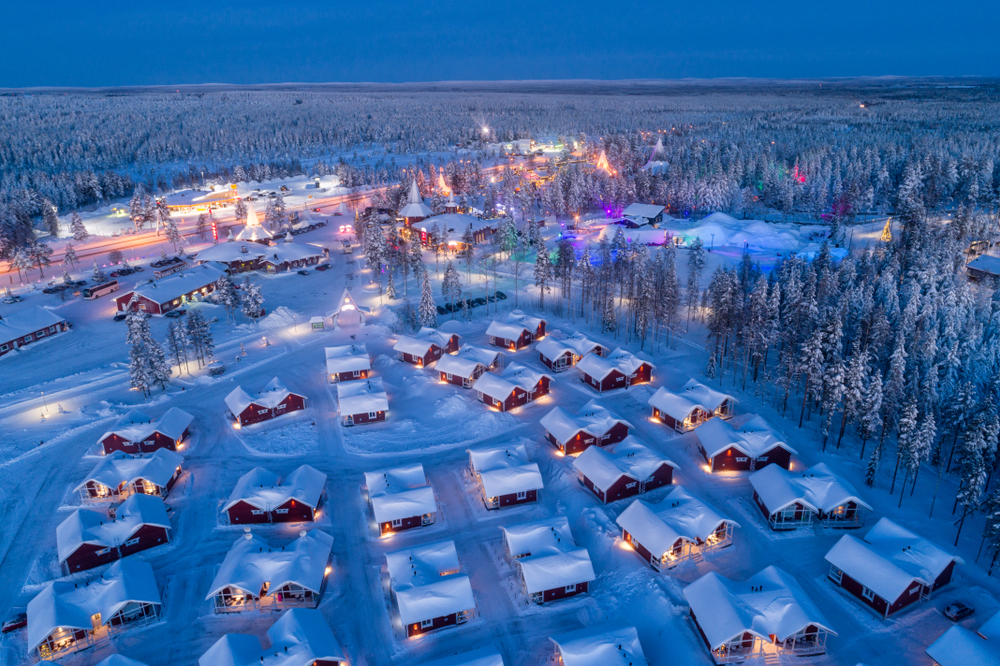 Aerial night view of Santa Claus Village in Rovaniemi in Lapland in Finland.